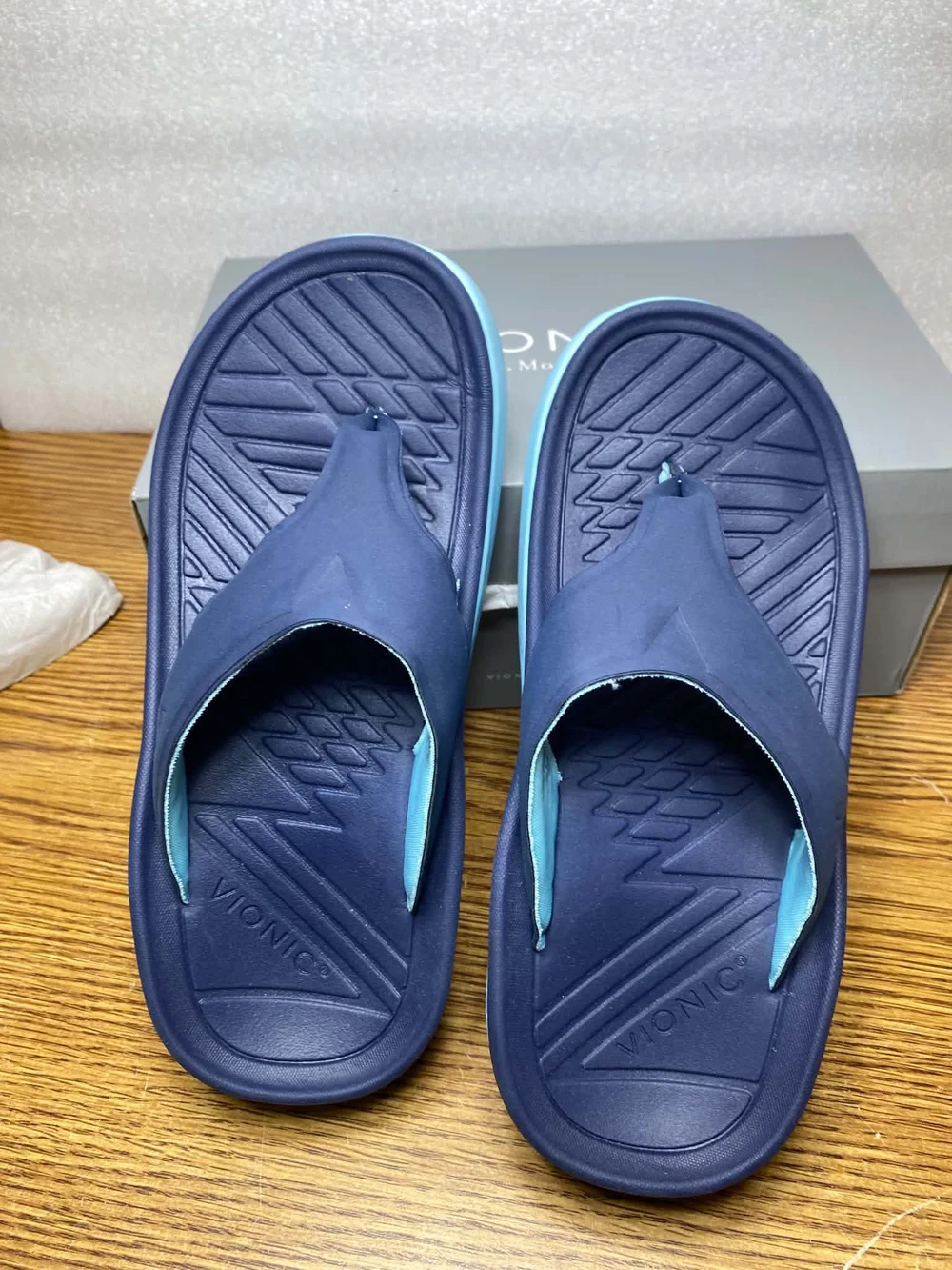 Vionic Thong Wedge Sandals Unisex Mens 7 Women's 9 Restore Navy Slip On Comfort